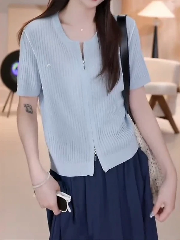 

Женский летний кардиган большого размера из ледяного шелка на молнии, вязаный, свободный крой, скрывает недостатки фигуры, омолаживающий...