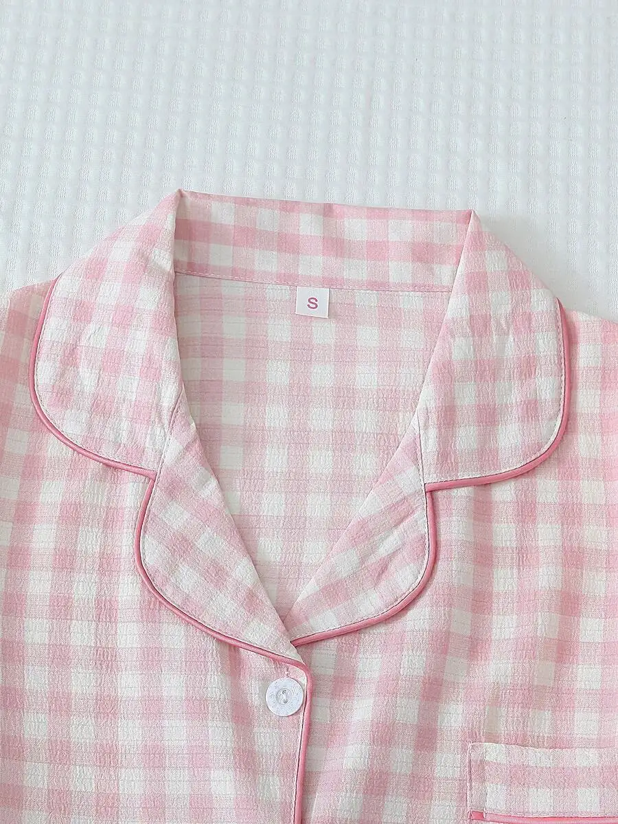 

Womens Plaid Print Short Sleeve Button Down Pajama Set With Shorts Summer Loungewear Two Piece