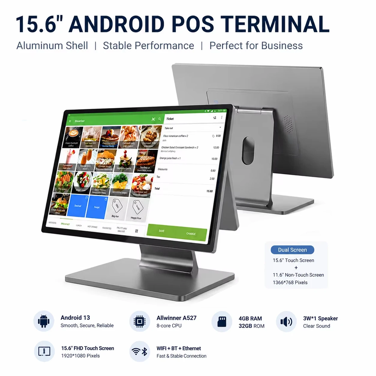 JEESTON Slim 15.6 inch Android 13 Cash Register 8-core CPU 4G 32G POS Terminal Aluminum Shell 1920*1080P Touch Screen ECR