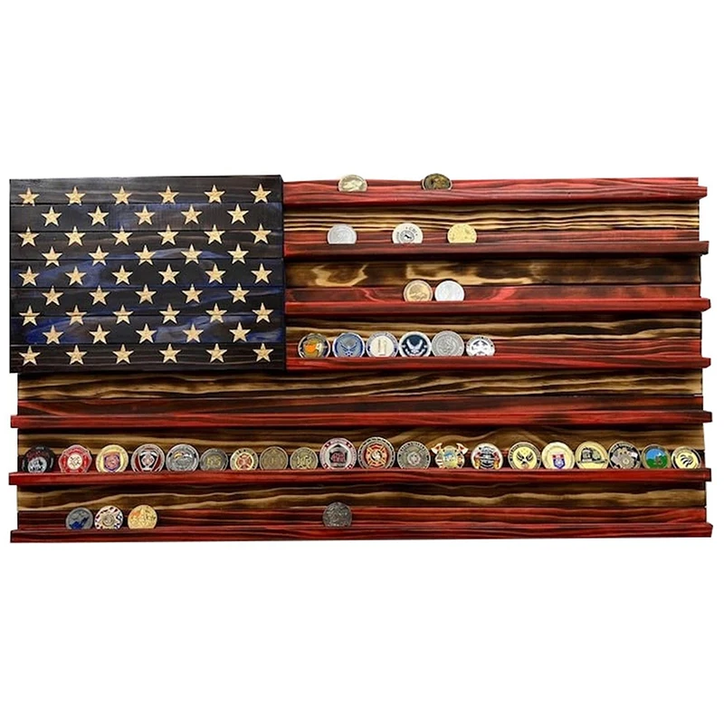 Wood America US Flag Challenge Coin Display U.S. Military Coins Stand Holds Challenge Coin Display Wooden Army Collectible Coins