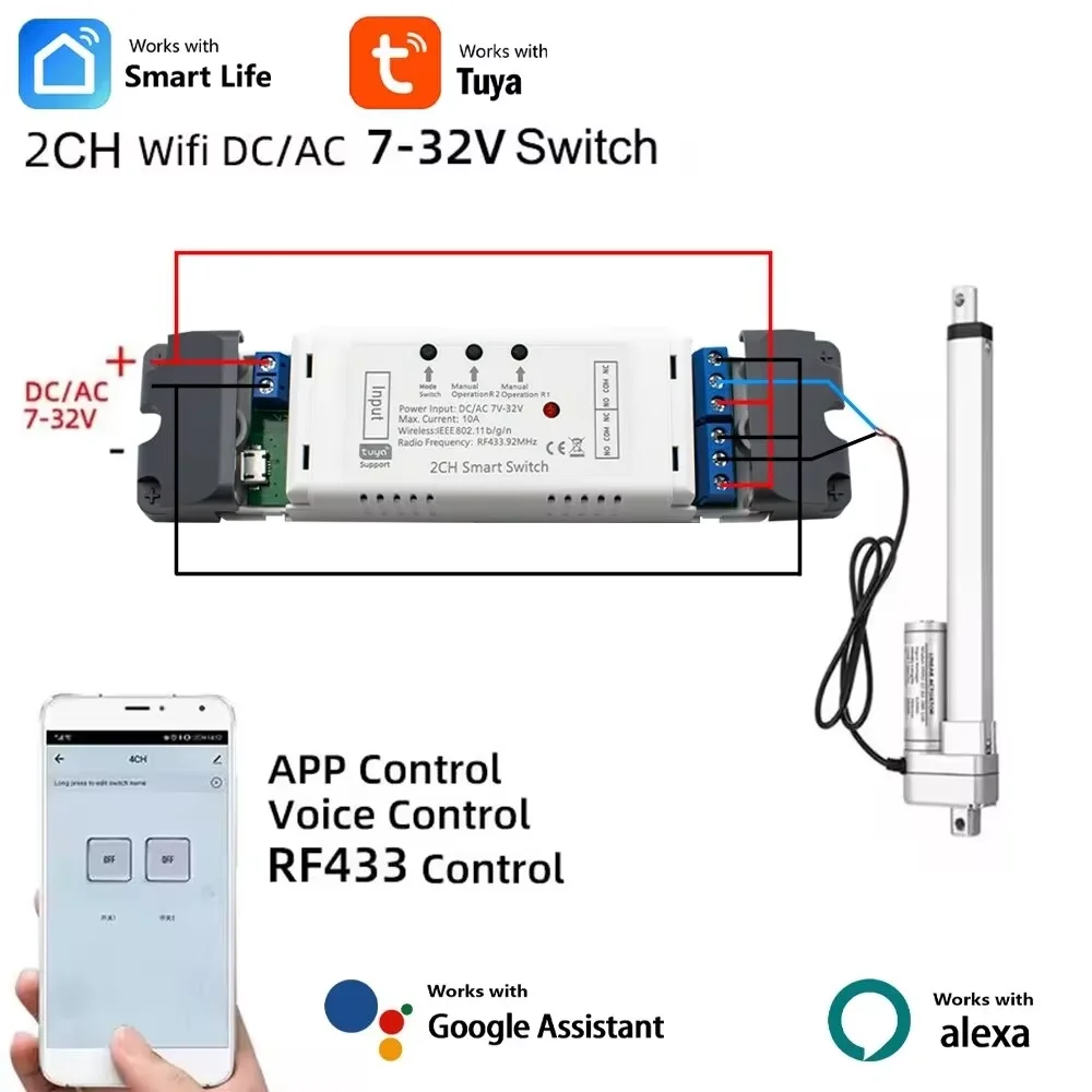 

Tuya Smart Wifi Electric Linear Actuator Motor Controller,DC AC 12V 24V 220V USB 5V 2 Channel Switch,RF433 Pulse Module Relay