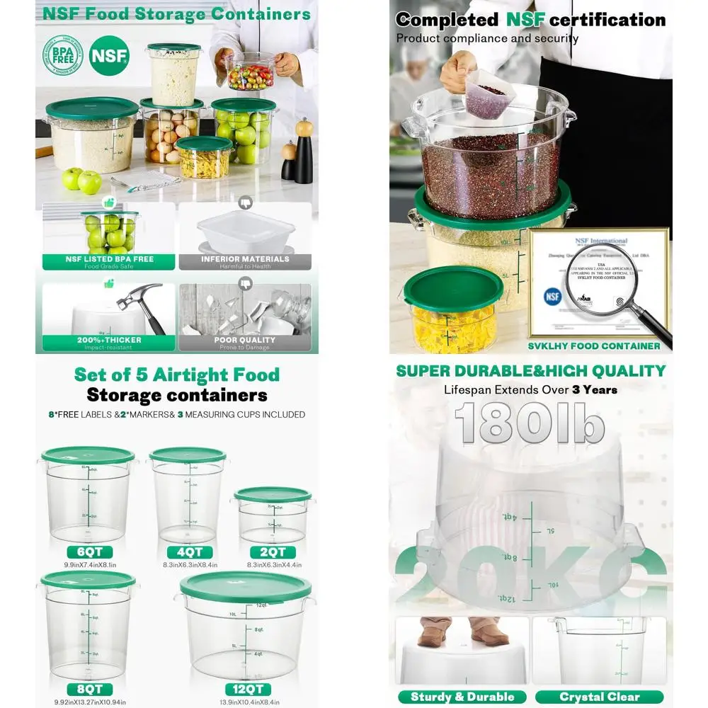 

6-Quart Round Food Storage Containers with Lids: 4-Piece Set - Food Grade, Hot & Cold Resistant - Ideal for Dough, Pizza, Bread