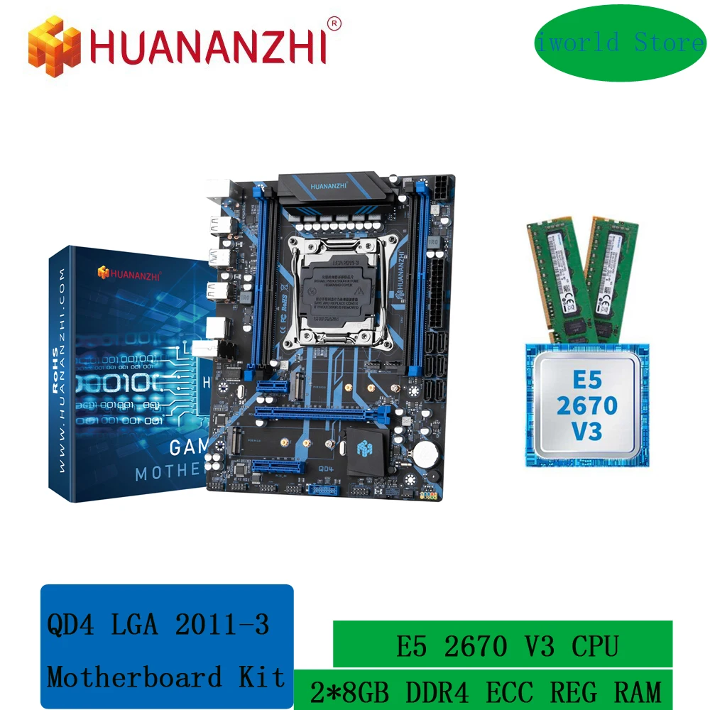 

HUANANZHI X99 QD4 LGA 2011-3 XEON Motherboard Kit with Intel E5 2670 V3 and 2*8G DDR4 RECC Memory Combo Set M.2 NVME NGFF SATA