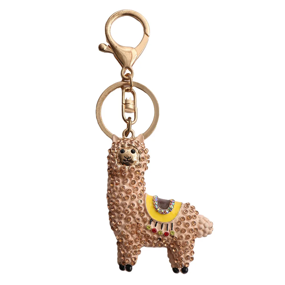 Rhinestone Crystal Original cartoon Lamb cute  Zodiac Alpaca keychain key ring Simulation Animals Pendant Jewelry Birthday gift