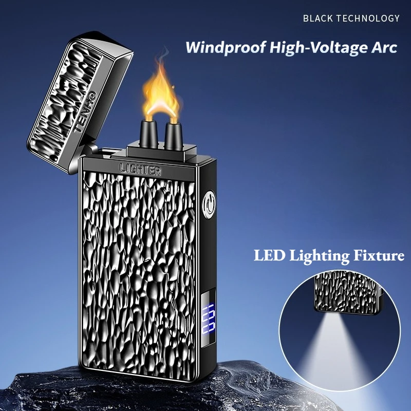 LED Flashlight Dual Arc Plasma Lighter USB Rechargeable Windproof Electric Lighter with Digital Power & Ignition Count Indicator