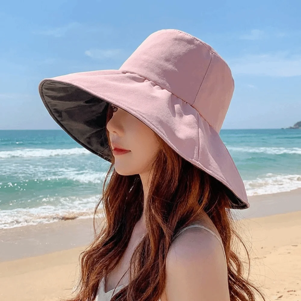 Solid Color Women Fisherman Hat Anti-Ultraviolet Foldable Wide Brim Sun Hat with Windproof Rope Sunshade Sun Protection Hat