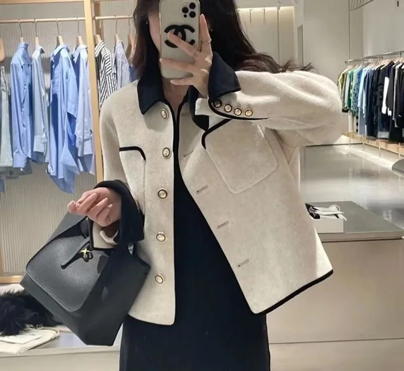 

Double-Sided Woolen Short Coat for Women Color Block Autumn Winter New Korean Style