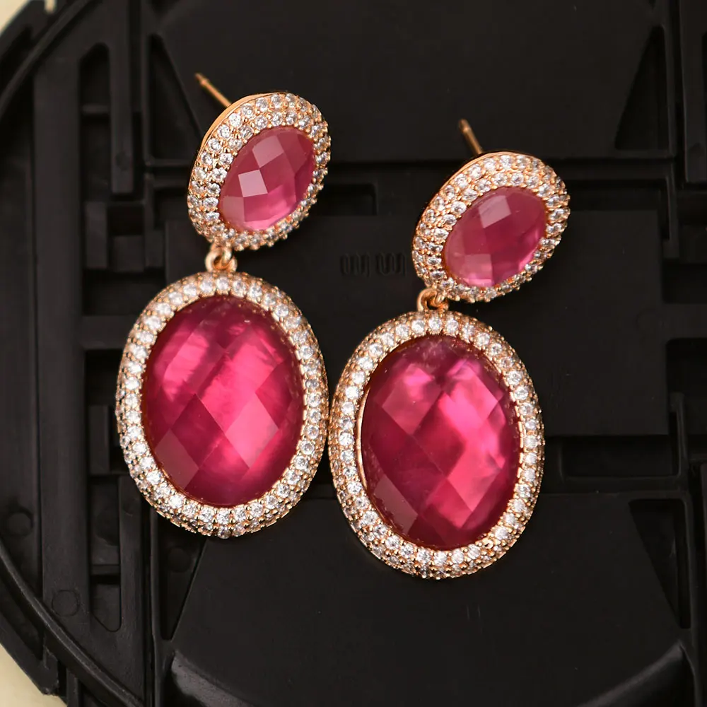 

APDGG Natural Colorful Rose Glass Oval Crystal Shell Back Zircon Stud Dangle Earrings
