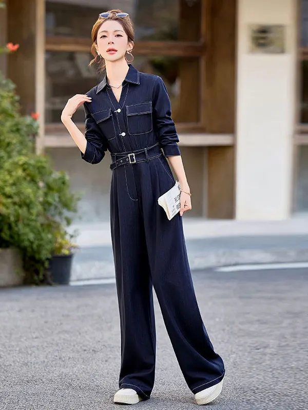 

Spring 2026 Faion High Waist Wide Leg Denim Onesie Women's Ele Slimming Casual Overalls Polyester Fiber High Waist