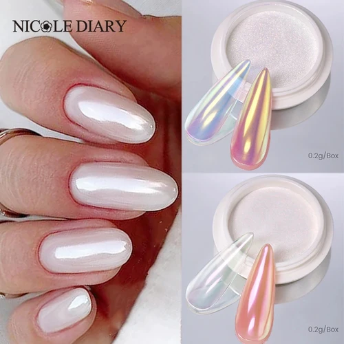 NICOLE DIARY pigmento en polvo para uñas blanco perla frotar en Nail Art brillo polvo cromo Aurora decoración de manicura DIY