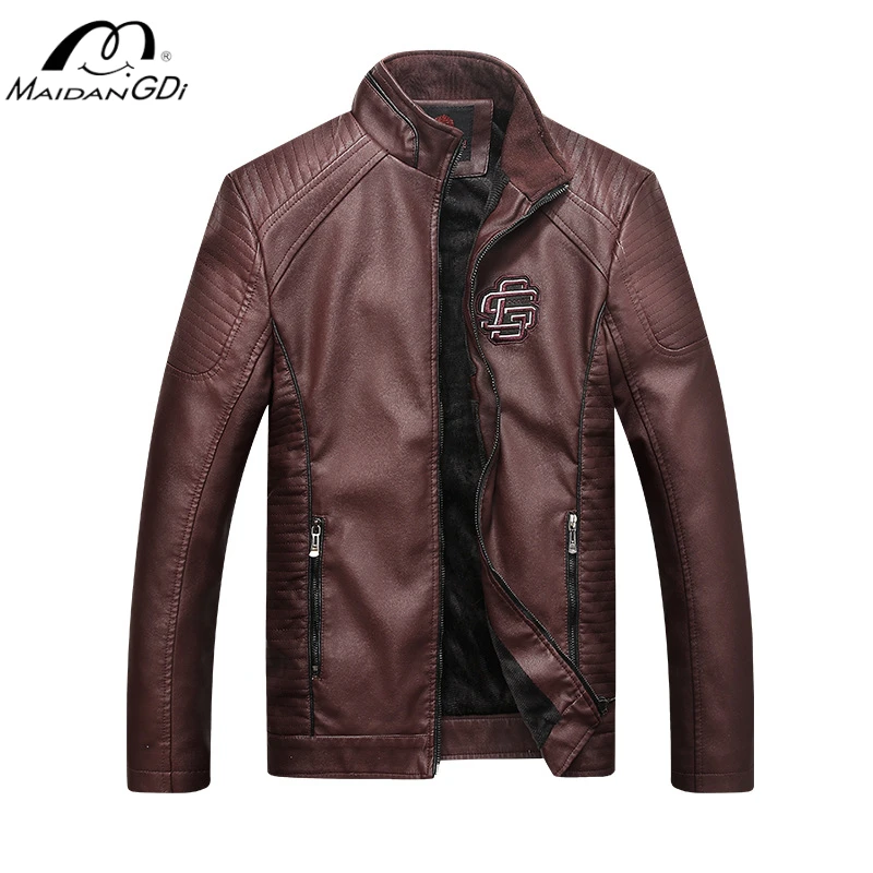 

MaiDangDi Men's Leather Top Jacket Motorcycle High Collar Windproof Mens Faux Fur Coat PU Leather Jacket Zipper Embroidery