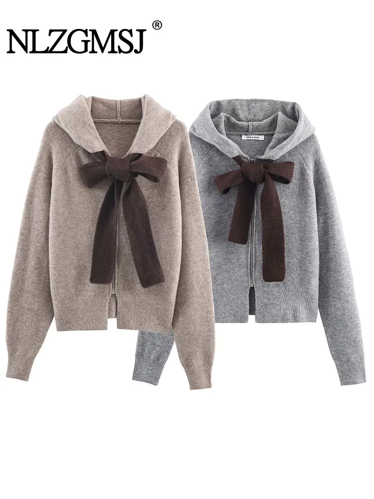 Nlzgmsj 2025 الخريف المرأة محبوك القوس الديكور سحاب أكمام طويلة جاكت مزود بغطاء للرأس عالية الشارع معاطف سيدة ملابس خارجية جديدة