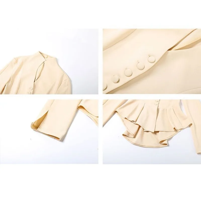 ชุดกระโปรงทรงเข้ารูปสำหรับผู้หญิง เสื้อแขนยาวแต่งระบายติดกระดุมสีพื้น