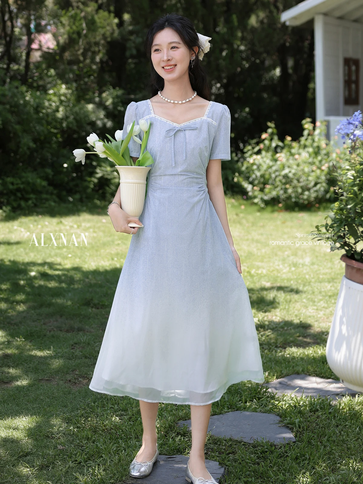 

ALXNAN Women's Light Blue Long Dress Elegant A-Line Holiday Short Sleeve Dress 2025 Summer Casual Party Female Clothes DYL661807