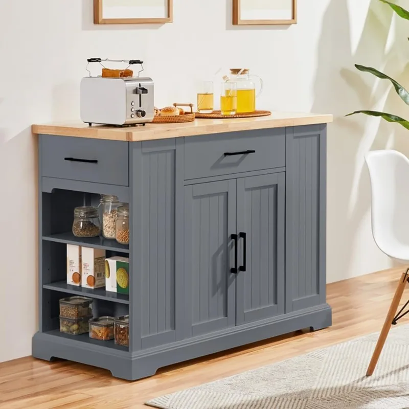 Rolling Kitchen Island with Thicker Rubberwood Countertop, Kitchen Cart on Hidden Wheels with 3 Drawers & Open Shelves