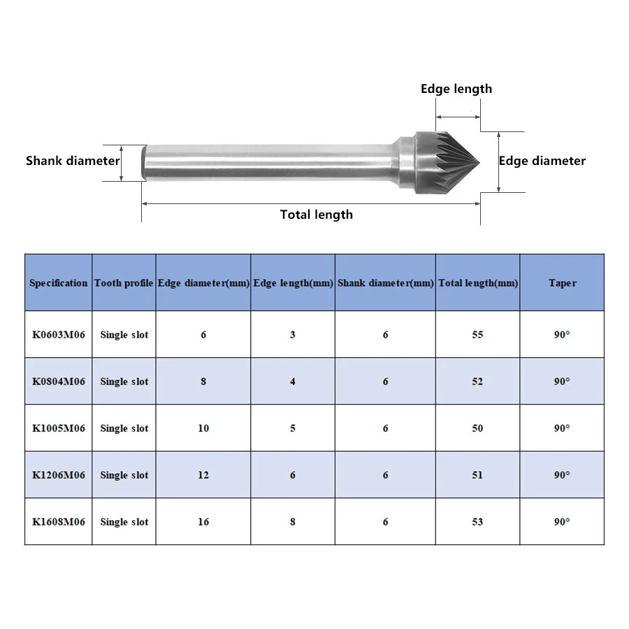 90° Conical Tungsten Steel Rotary File 6mm Shank Metal Grinding Head Carbide Rotary Burr Carving Milling Cutter K KX0603 1608M06