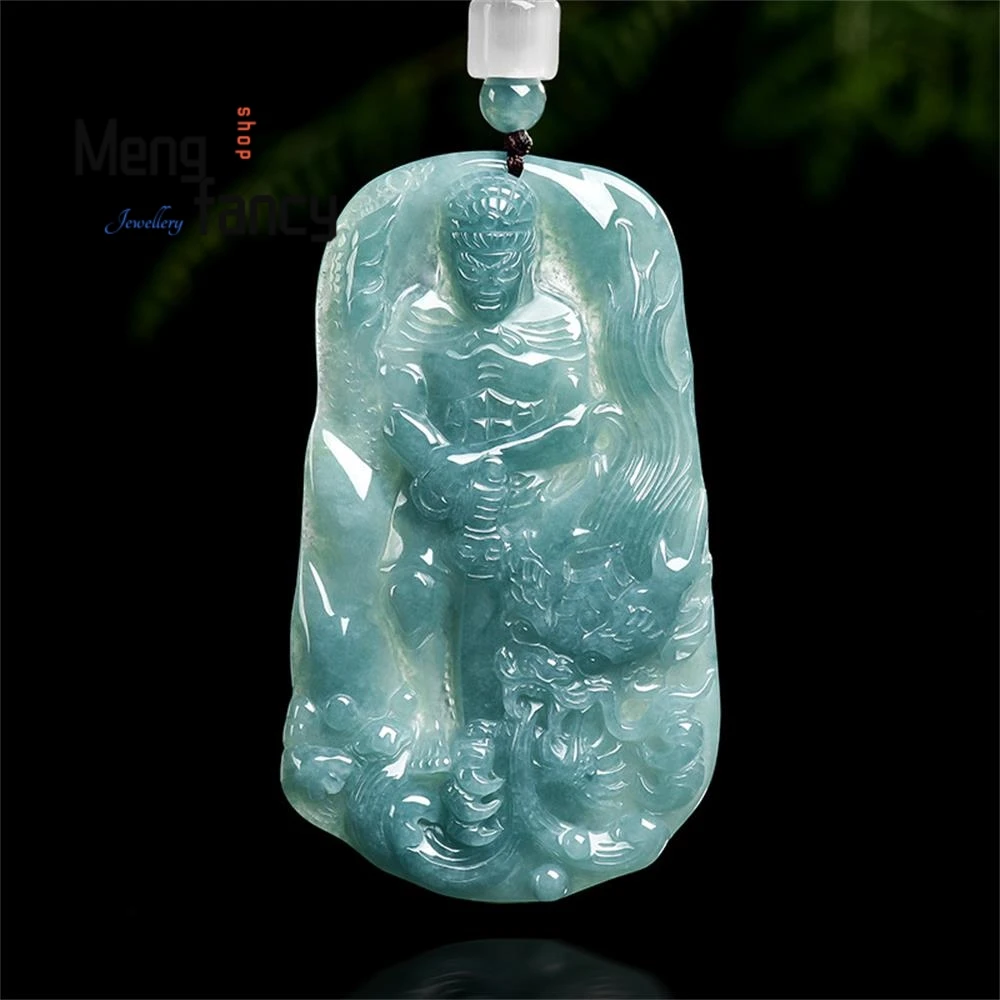 

Natural A-grade Jadeite Ice Blue Water Divine Dragon Fudō Myōō Jade Pendant Zodiac Chicken Guardian Deity Luxury Fashion Jewe