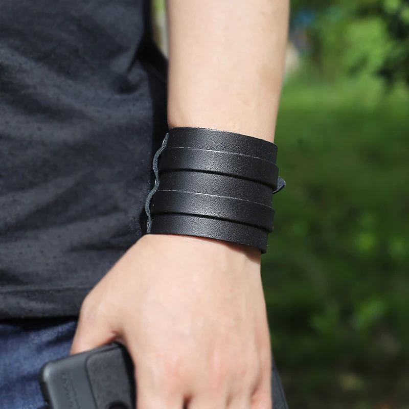 Men's Punk Double Layer Wide Black Cowhide Leather Bracelet - Edgy Gothic Accessory
