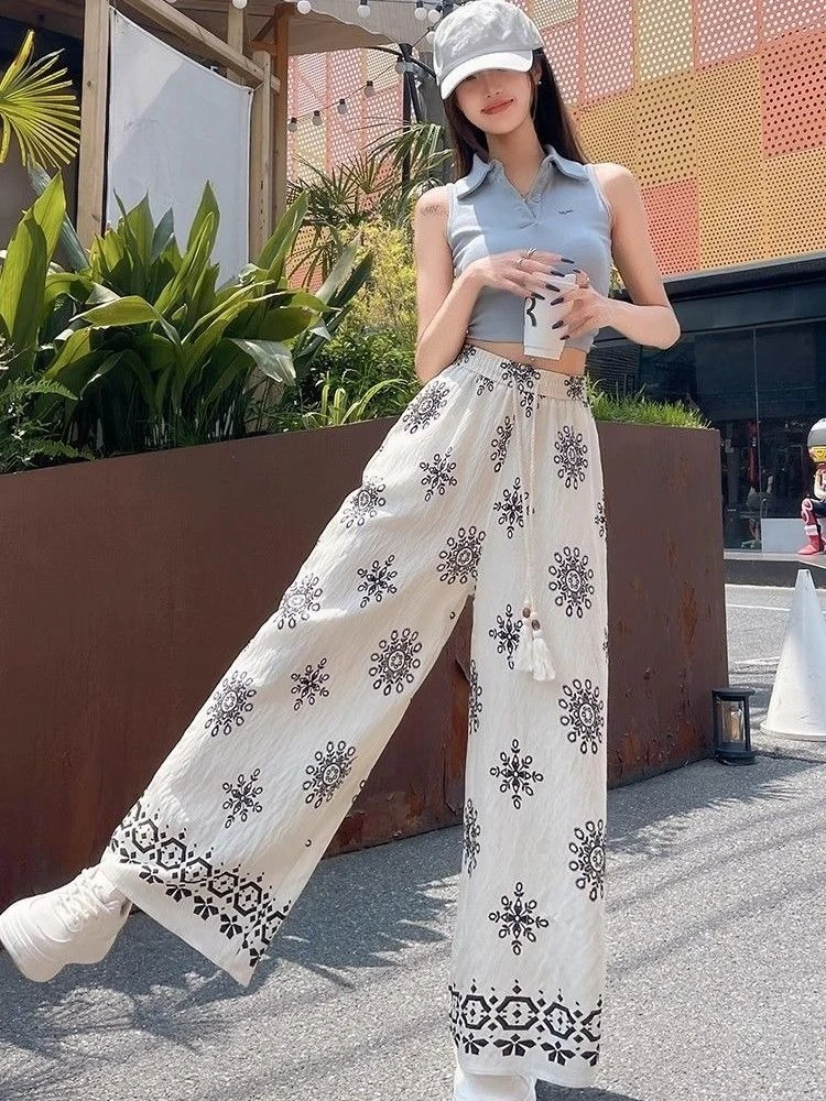 Women's High Waist Printed Boho Trousers Loose Fit Long Pants for Summer Casual Wear