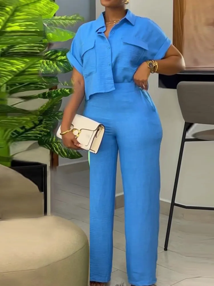 Conjunto de 2 piezas liso a la moda para mujer, pantalón corto informal, camisa con botones de manga, Top + pantalones de pierna ancha de cintura alta, trajes para mujer de oficina, nuevo