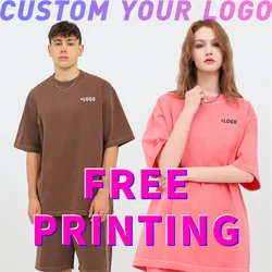 Customized T-shirts free printing logo images vintage washed Gradient clothes 100% cotton cultural shirts oversize Loose shorts