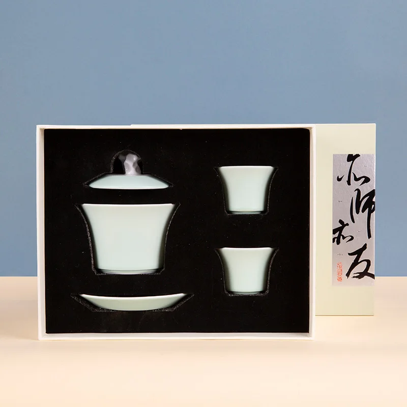 مجموعة أدوات الشرب من البورسلين الأبيض الأنيق - الطراز الصيني التقليدي، كاملة مع Gaiwan