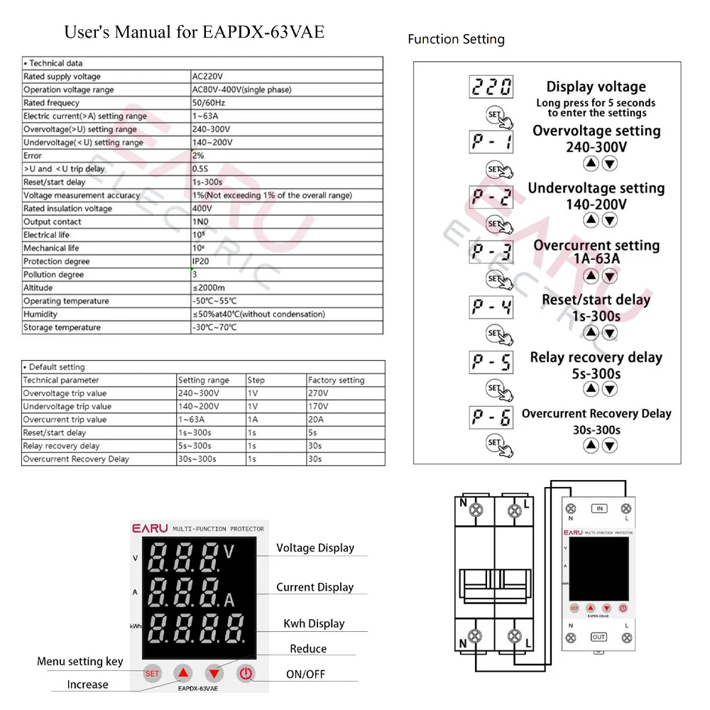 AC 40A 63A 230V Din Rail Adjustable Over Voltage Under Voltage Protective Device Protector Relay Over Current Protection Limit