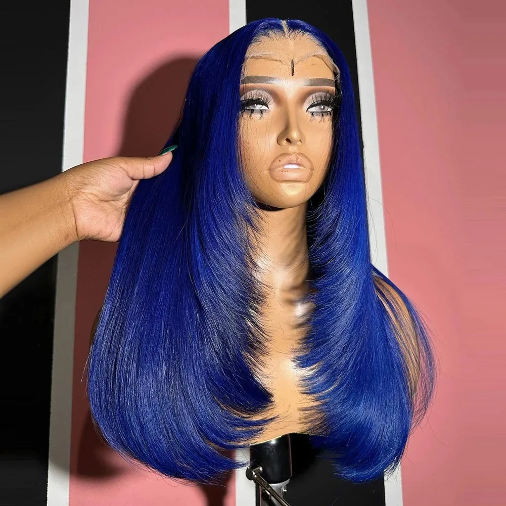 شعر مستعار أزرق الطبقات قطع العظام مستقيم الدانتيل الجبهة الباروكات قبل قطعها 13x4 HD غلويليس الاصطناعية الدانتيل شعر مستعار أمامي جودة عالية تأثيري