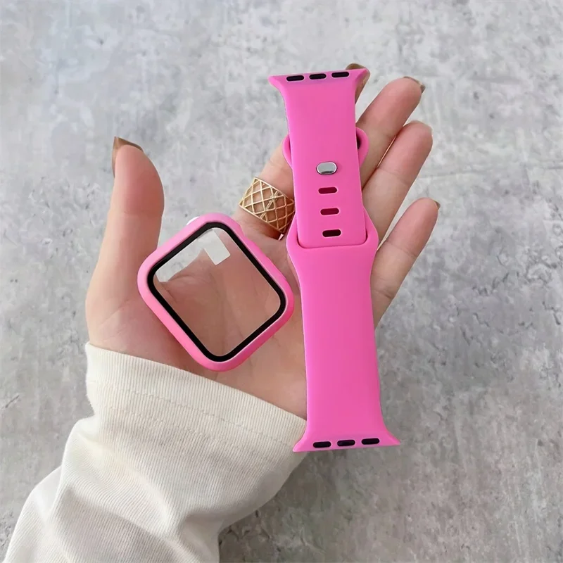 Glass+Case+band For Apple Watch Straps 44mm 40mm 45mm 41mm 38mm 42mm 44 mm sport Silicone bracelet iWatch series 9 8 7 6 5 4 SE