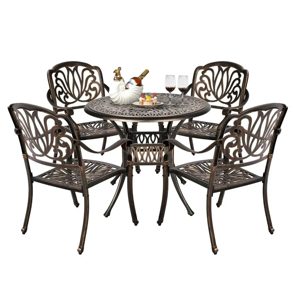 5 Pieces Outdoor Patio Dining Set, Cast Aluminium Patio Furniture Set with 4 Chairs and 1 Umbrella Table for Yard, Garden, Porc