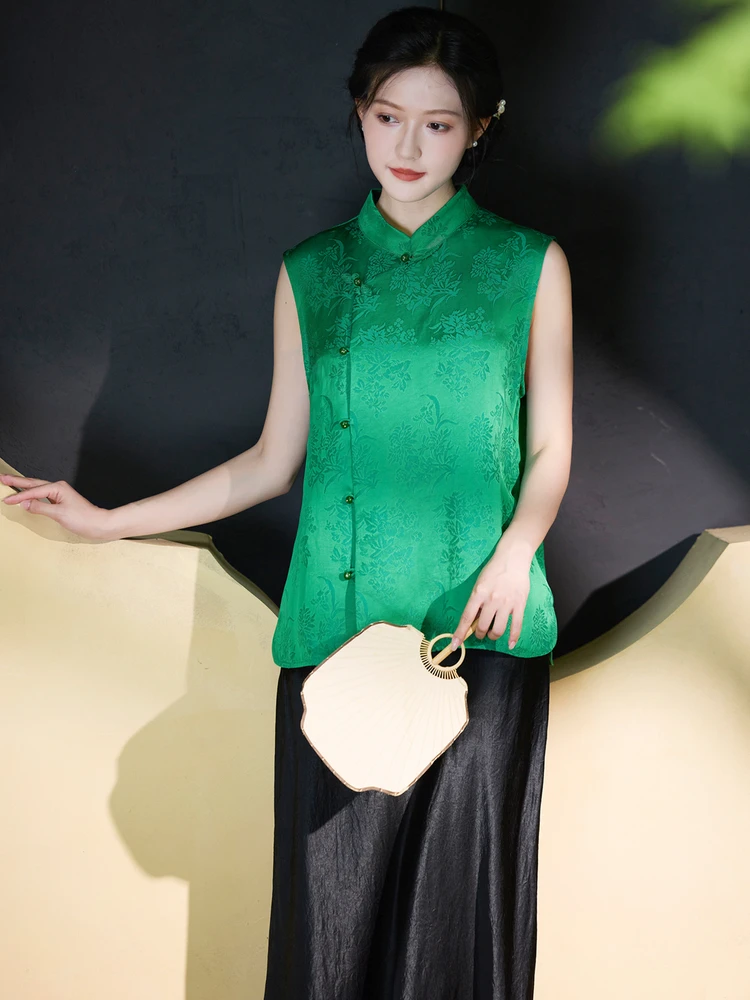 

New Chinese Sle Linen Silk Outerwear Vest Summer Embroidered Satin Svel Tang Costume Tea Ceremony Top Women's Faion