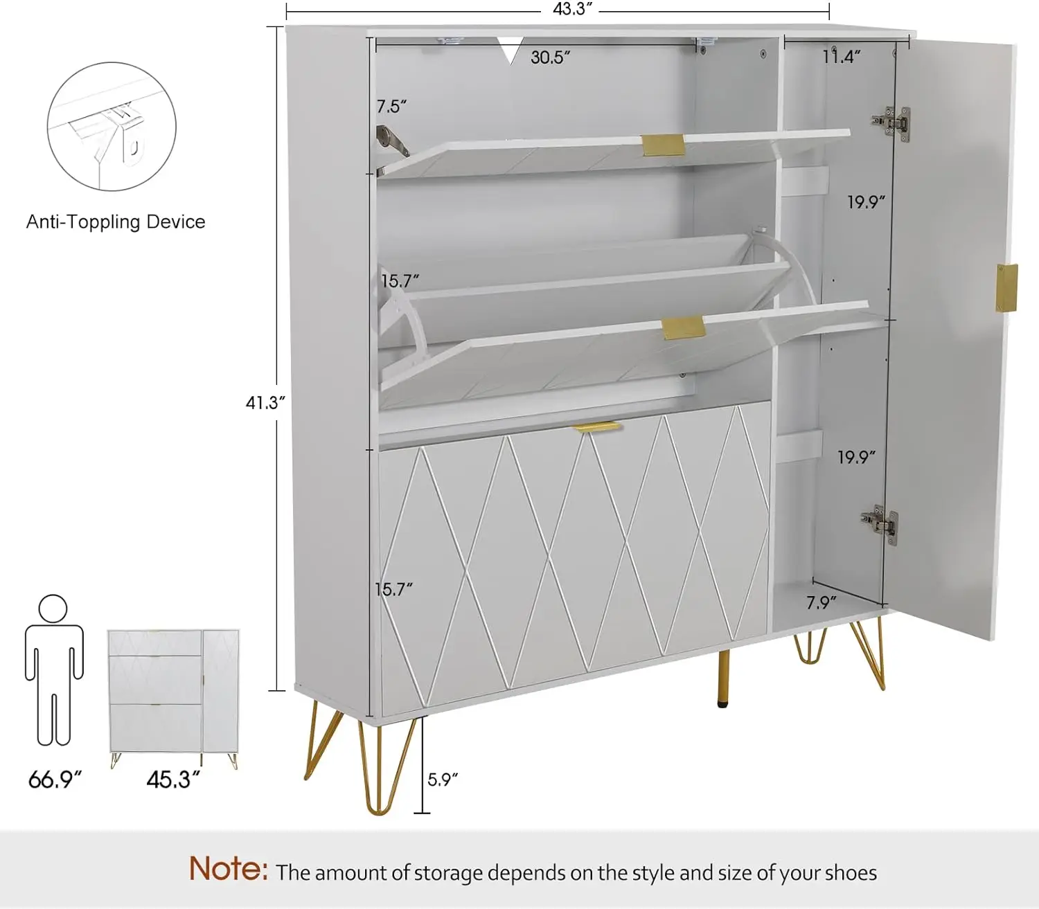 Shoe Cabinet,Shoes Storage Cabinet with 3 Flip Drawers & Boot Rack,Freestanding Modern Shoes Organizer with Metal Legs