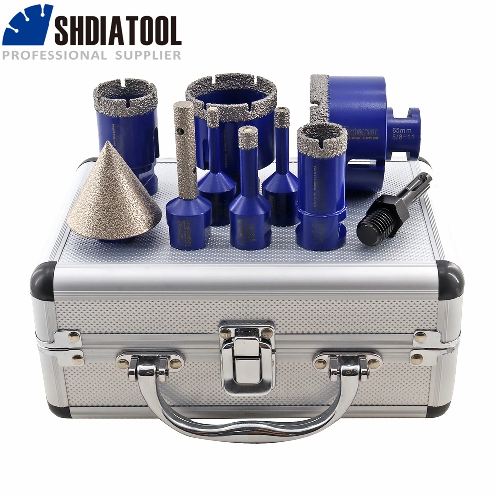 

SHDIATOOL 10Pcs 6/8/10/25/35/50/65 Diamond Drilling Bits Kit With Box Chamfer Bits for Tile Marble Ceramic Granite Milling Sets