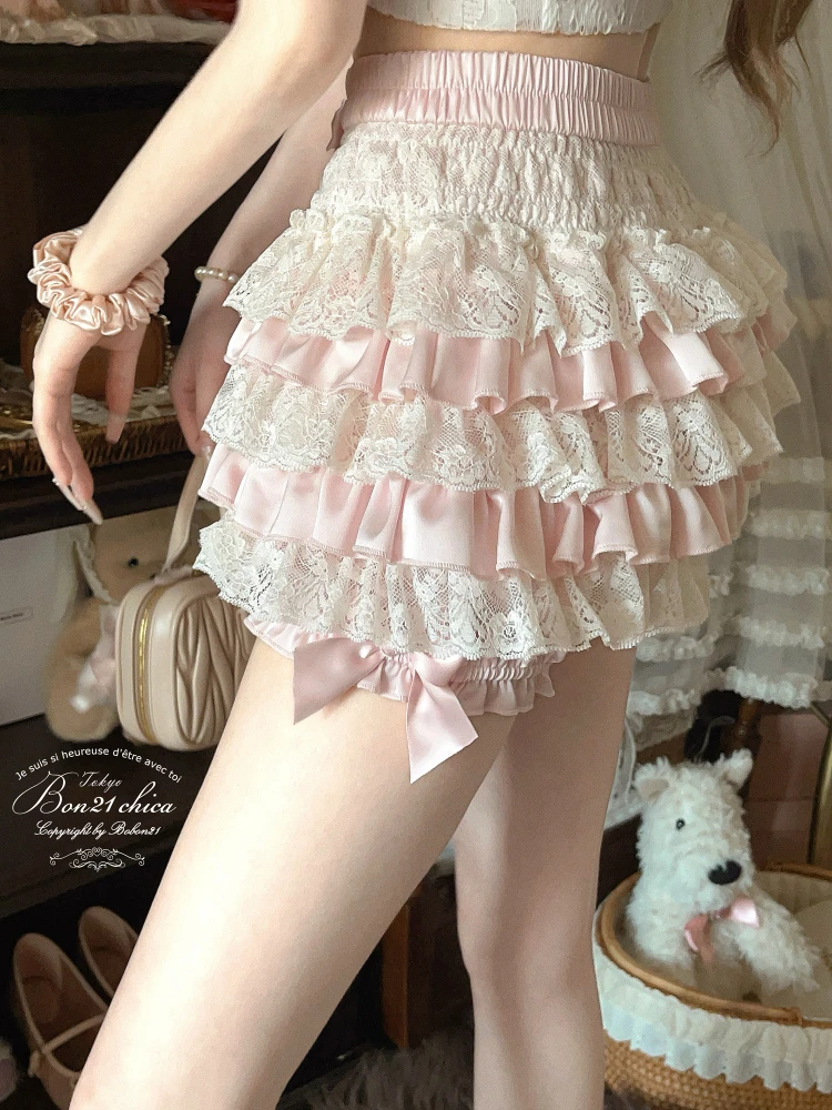 French Style Women's Clothing Doll Feeling Acetate Lace Cake Culottes Japanese Rojita Pink High Waisted Slimming Kawaii Shorts