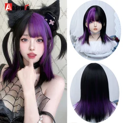 AOSI Synthetic Women Lolita Straight Ombre Black Highlighting Gradient Purple Color Short Wigs With Bangs Cosplay Hair Wig For D