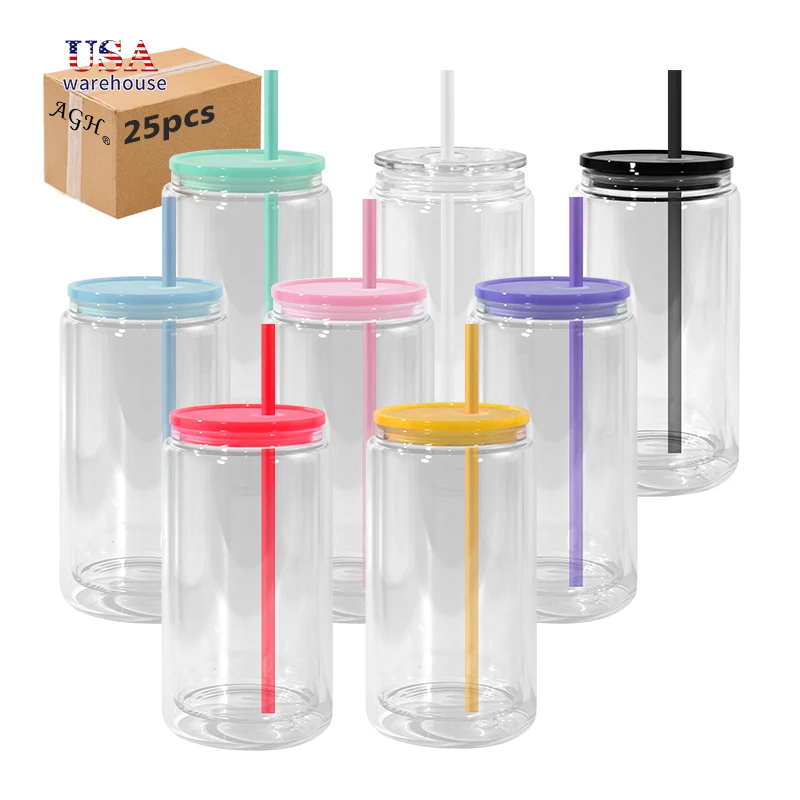

25pcs Pack Mixed Colors 16oz Pre-drilled Hole Double Wall Glass Snow Globe Glass Beer Can With Colored Lids and Plug Wang