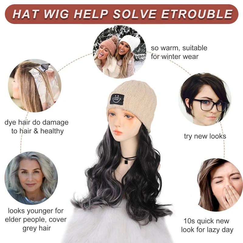 모자 가발, 모자 가발 긴 웨이브 곱슬 베이지색 모자, 인조 모피 가발 모자, 18인치 합성 헤어피스 포함, 겨울에 적합