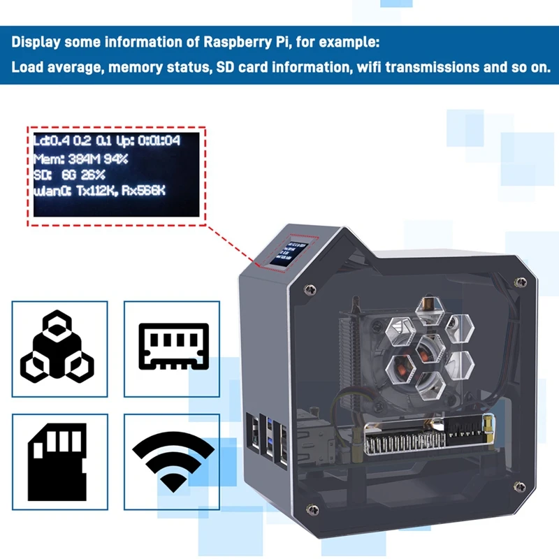 Para raspberry pi 5 torre ventilador kit caso tubo de cobre ventilador torre gelo pwm jst 4pin porta rgb led com 0.96 Polegada display oled