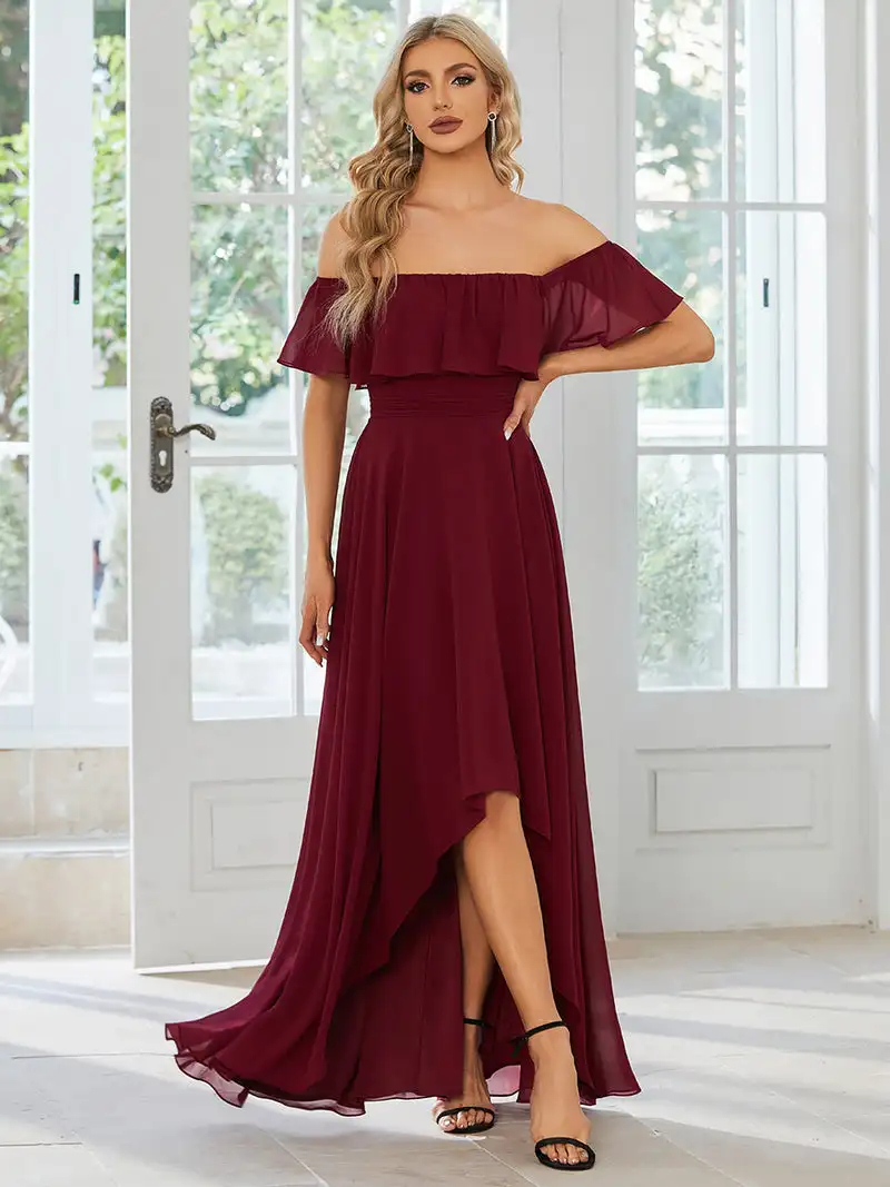 

Elegant Evening Dresses Off Shoulder Chiffon Split Boat Neck Floor-Length 2024 Ever Pretty of A-line Burgundy Bridesmaid Dress