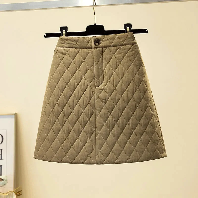 Fashion Down Cotton Midi Skirt Spring Autumn Winter New Khaki Plaid A-line Skirt High Waist Thick Short Skirt Female