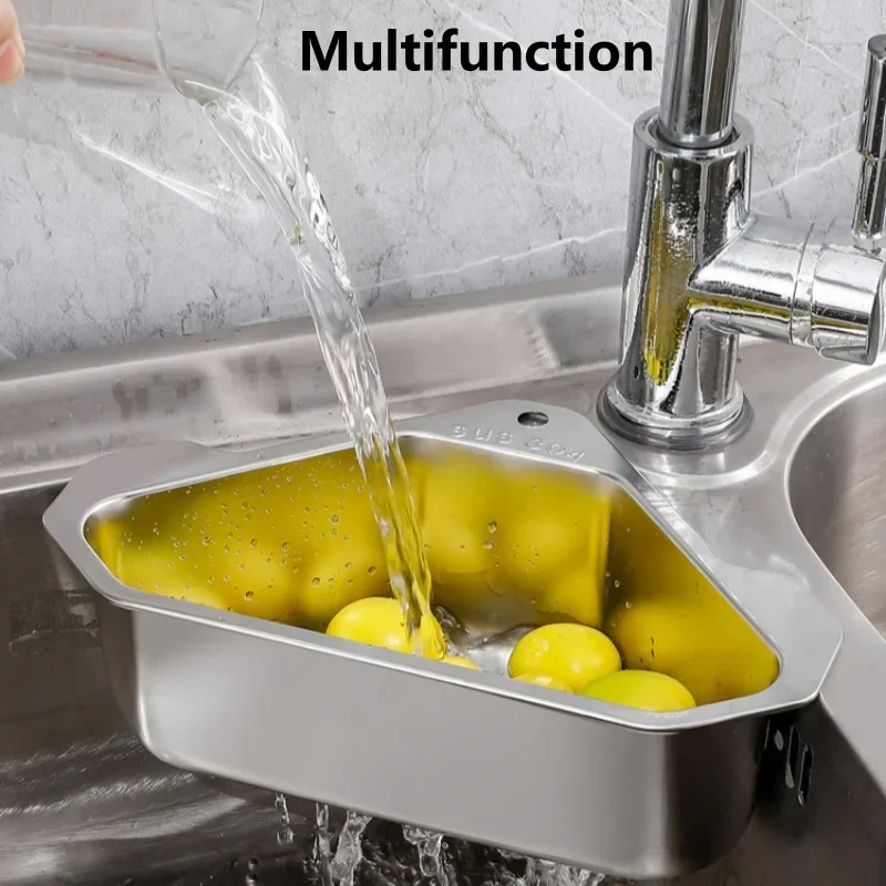 Kitchen Sink Filter Stainless Steel Triangle Drain Basket Shelf Fruit Vegetable Drainer Storage Rack Basket Bar with Suction Cup