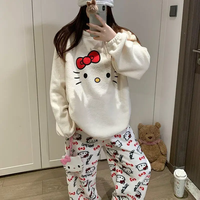 مرحبا كيتي الخريف الشتاء جديد طالب الكرتون ملابس خاصة النساء الحلو لطيف أنيمي مريحة فضفاضة عادية Outable ملابس المنزل مجموعة