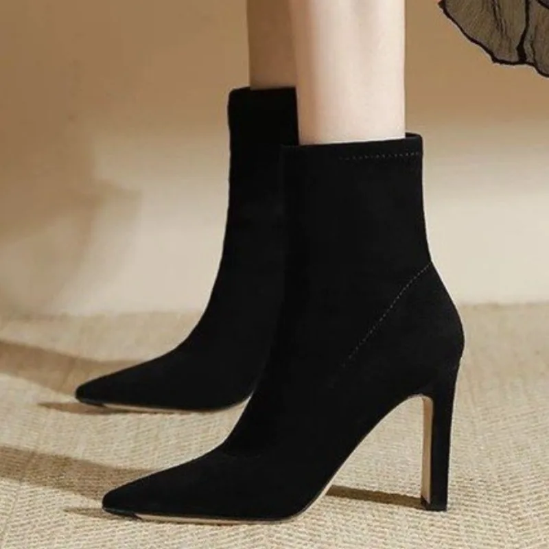 

Suede Women High Heels Ankle Boots Pointed Toe Fashion Heeled Shoes 2025 Winter Elegant Pumps New Goth Woman Chelsea Botas Mujer