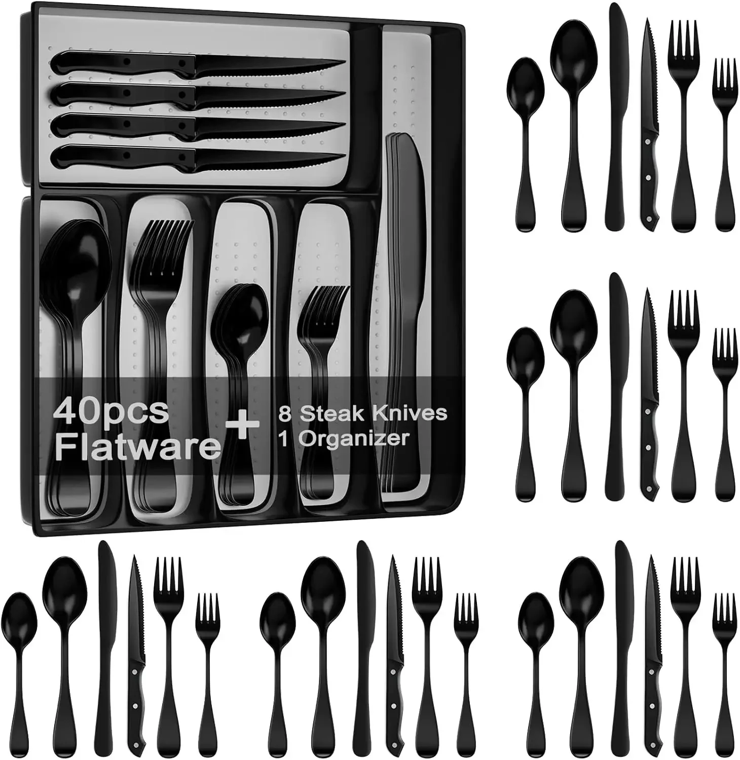 

49-Piece Black Silverware Set with Drawer Organizer,Stainless Steel Cutlery for 8 with Matte Steak Knives,Forks,Spoons-Dishwashe