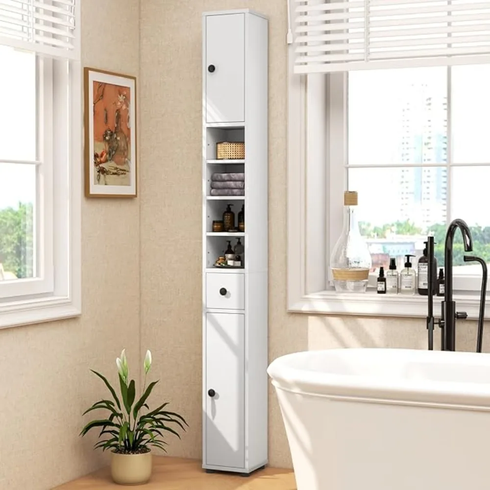 

71”Tall Narrow Storage Cabinet, Skinny Bathroom Storage with 1 Der, 2 Do, 5 Adjustable Shelves and Anti-Tipping Device, Wooden S