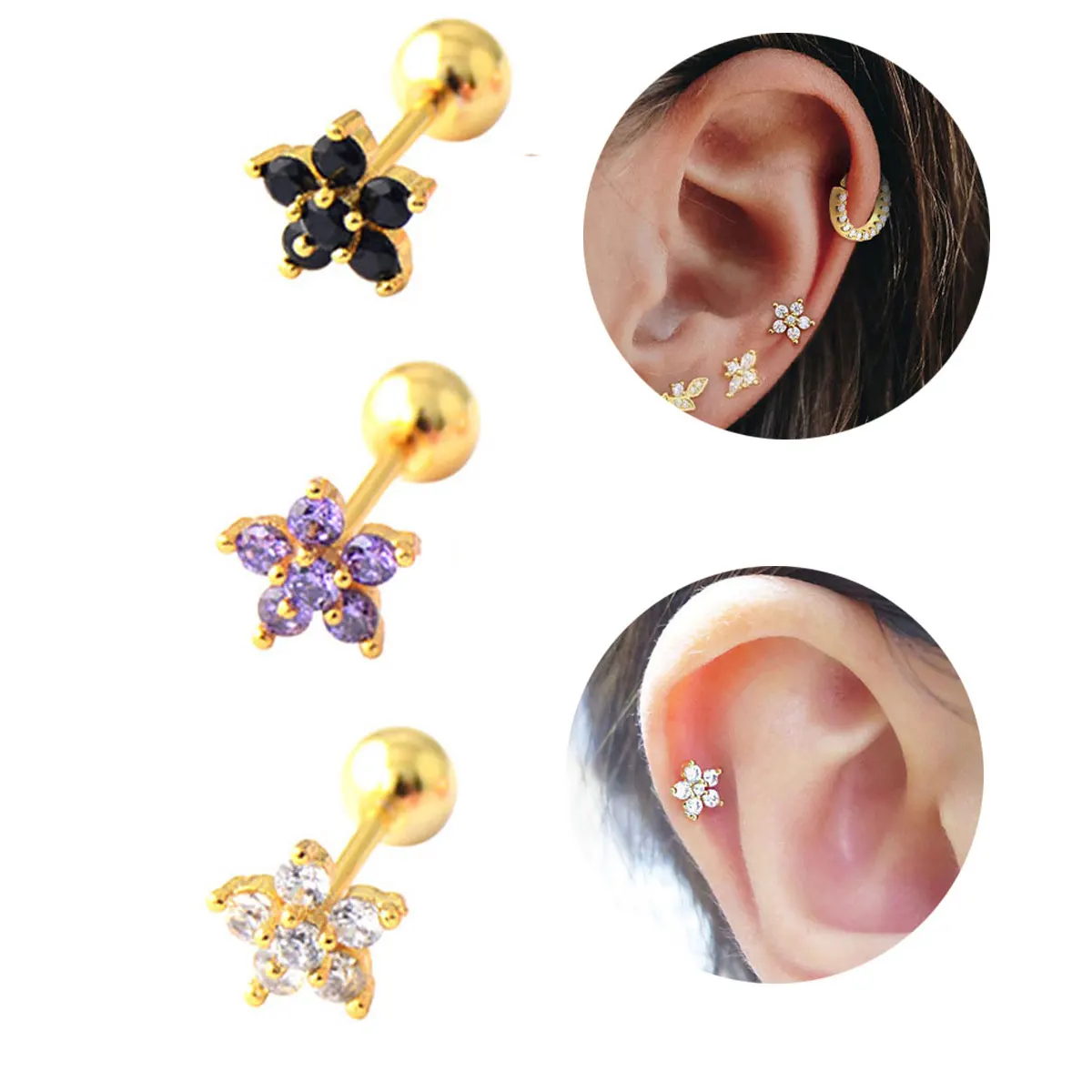 1 Paar weiß schwarz rosa lila Blume Tragus Knorpel Helix Piercing Kristall Zirkon Ohr stecker Ohrring Party Schmuck Großhandel