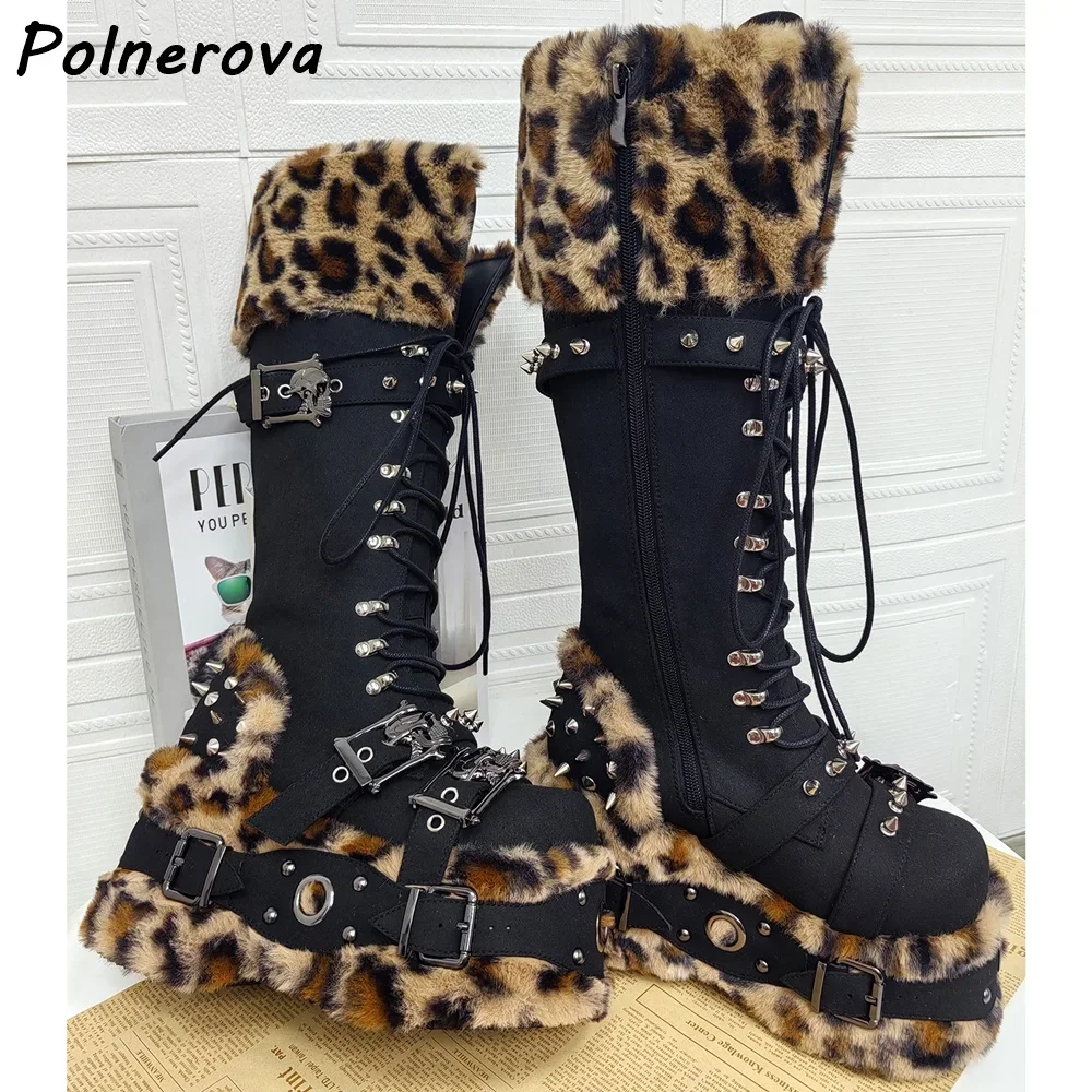 

Furry Leopard Buckle Knee High Boots Metal Rivet Round Toe Platform Cross Tied Lace Up Shoes Black Warm Sexy Winter Long Boots