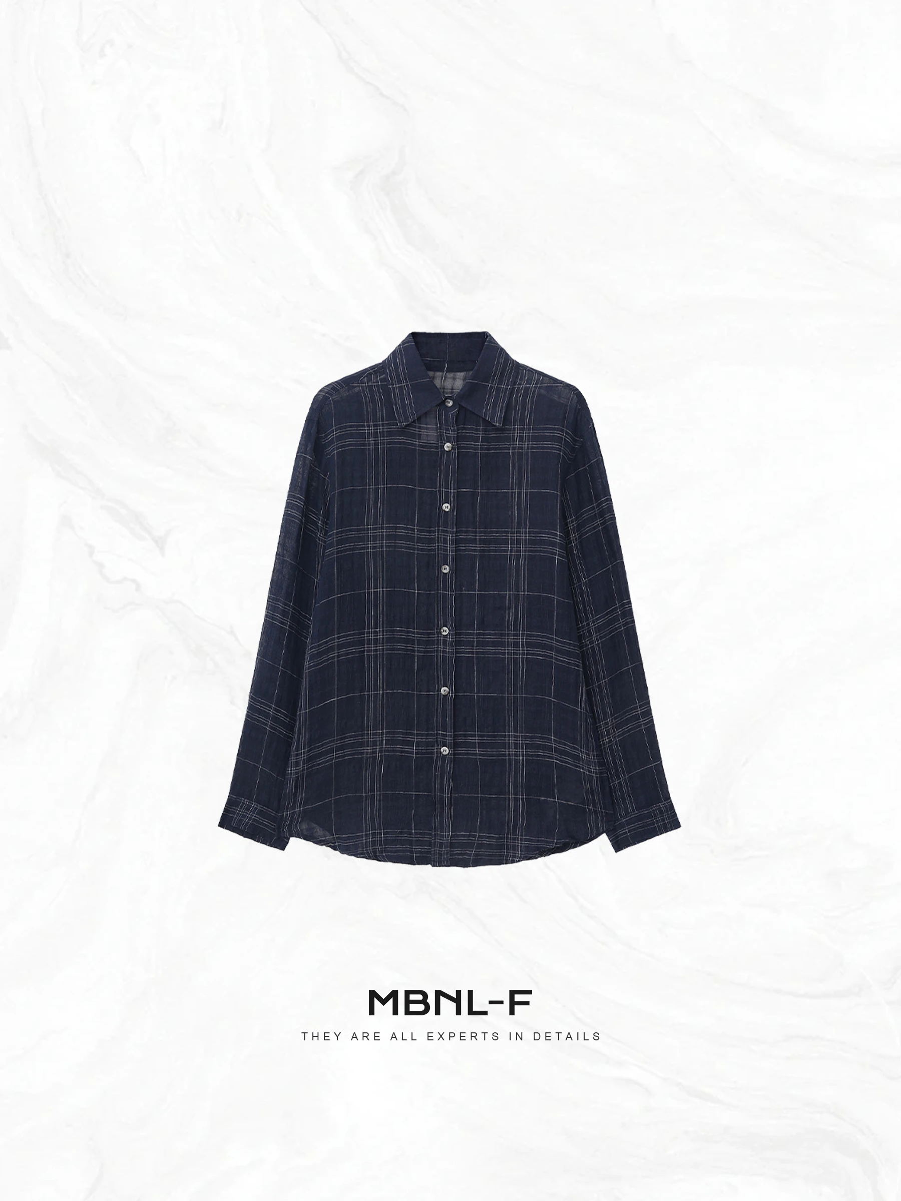 

MBNLF Vintage Blue Plaid mat Loose Cotton Linen irt Fine Texture Women's Slim Fit Long Sve irt XMXSY3057