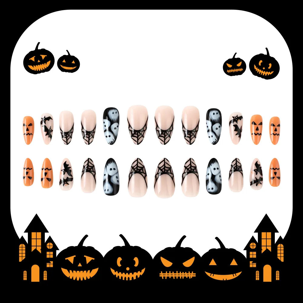 Faux ongles en forme d'amande pour Halloween, autocollant à ongles réutilisable, noir brillant, chauve-souris, Aliments, fantôme, araignée, nouveau, boîte de 24 pièces