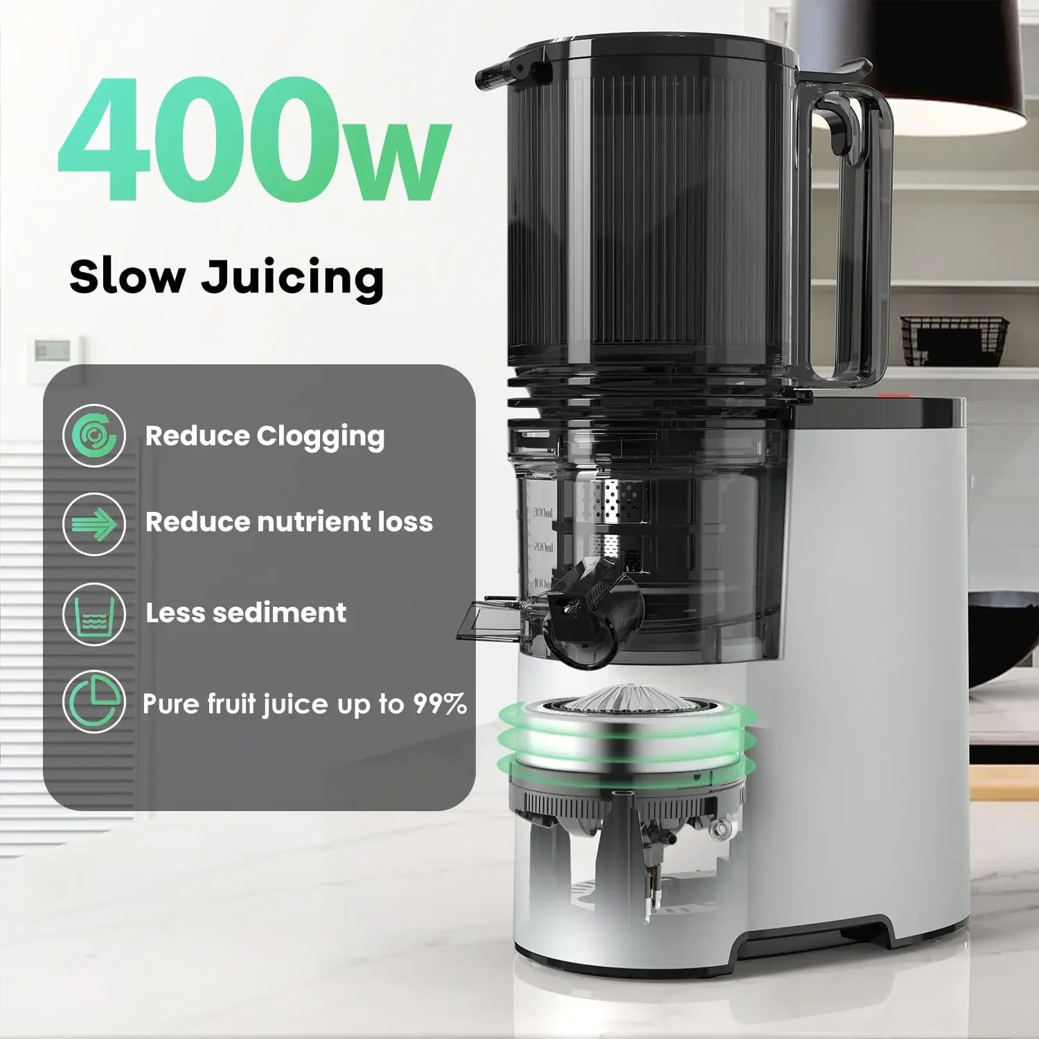 Juicer, 400w Slow Juicer Machines with 5.4" Wide Feed Chute, Masticating Juicer with High Juice Yield for Whole Vegetables & Fru
